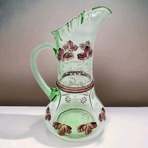 Antiq Green Vaseline Manganese 12" Pitcher Handpainted Flowers Glows Northwood?